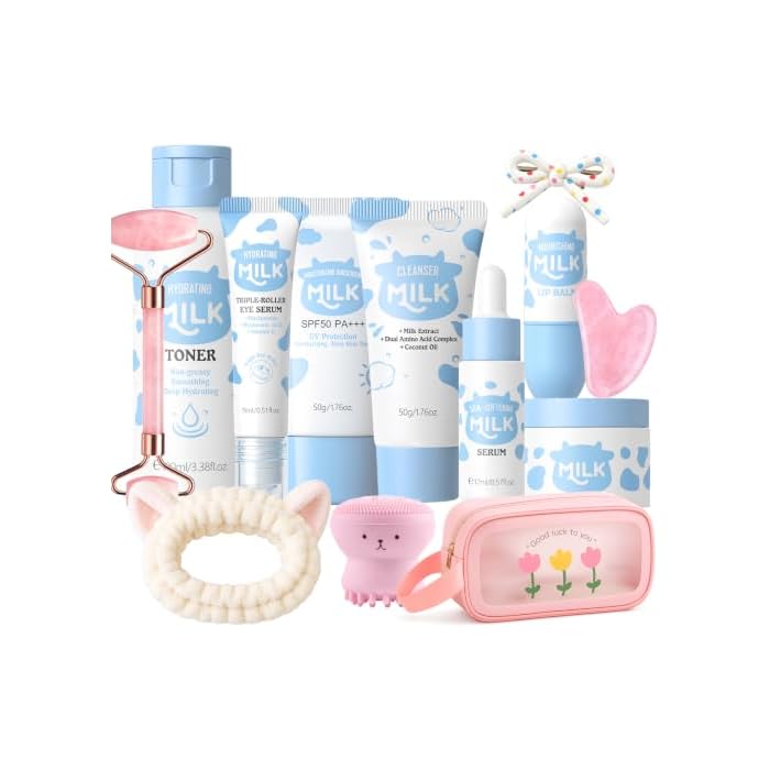Milk Skincare Set for Kids - 13PCS Kids Face Care Kit with Toner, Cleanser, Cream, Serum, Sunscreen, Lip Balm, Roller & Bag, Cute Skincare Gift Set for Girls Ages 8-12