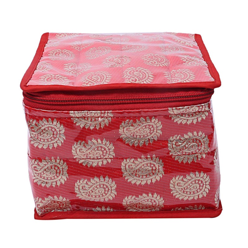 PRISMAXIC Brocade Jewellery kit with 10 PouchSolid Print With Waterproof Outer Material10 Pouches Zipper ClosureSize 19 x 18 x 13 Pack of 1 Red - Image 4