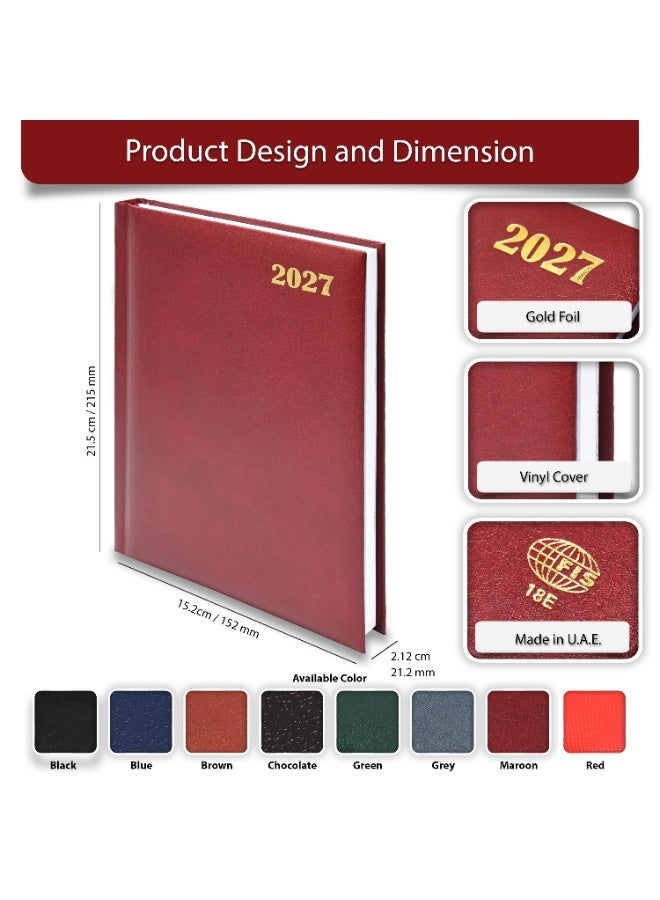 FIS 2027 Diary, A5 Size Diary(148x210mm), Hard Cover Vinyl Materials, 1 Side Padded, English, 60gsm White Paper,  Maroon Color-FSDI18E27MR - Image 2