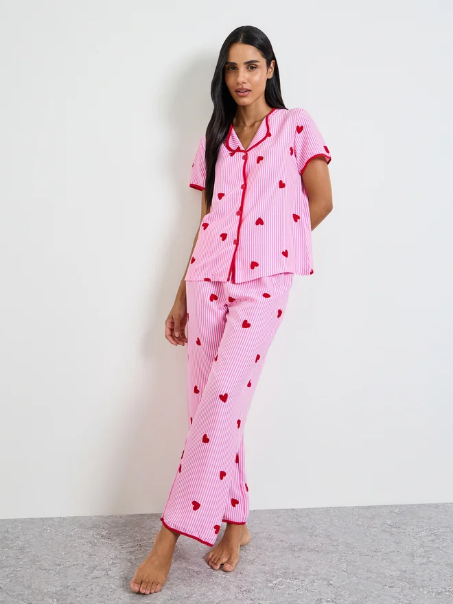 Take Two Pink Heart Striped Print Shirt and Pyjama Set