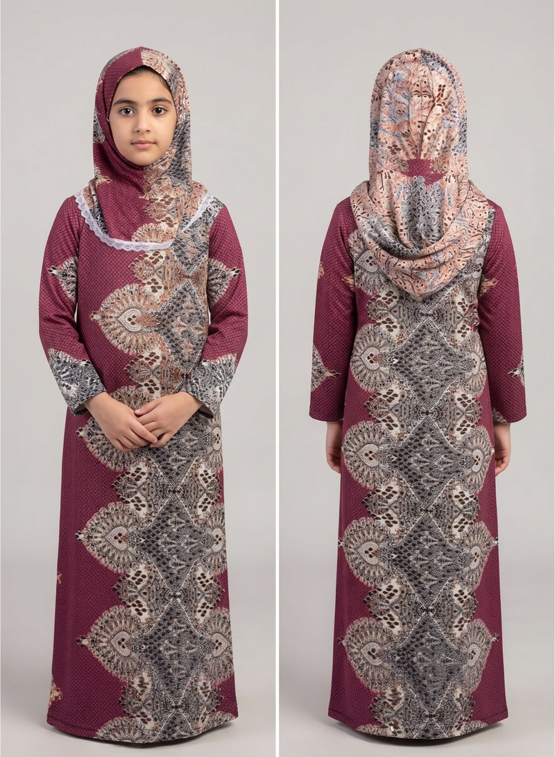 Kids Girls Prayer Esdall / Abaya Size 10 Patterned Burgundy / Dark Purple with Matching Sleeves and Hood - Islamic Prayer Dress - Image 1