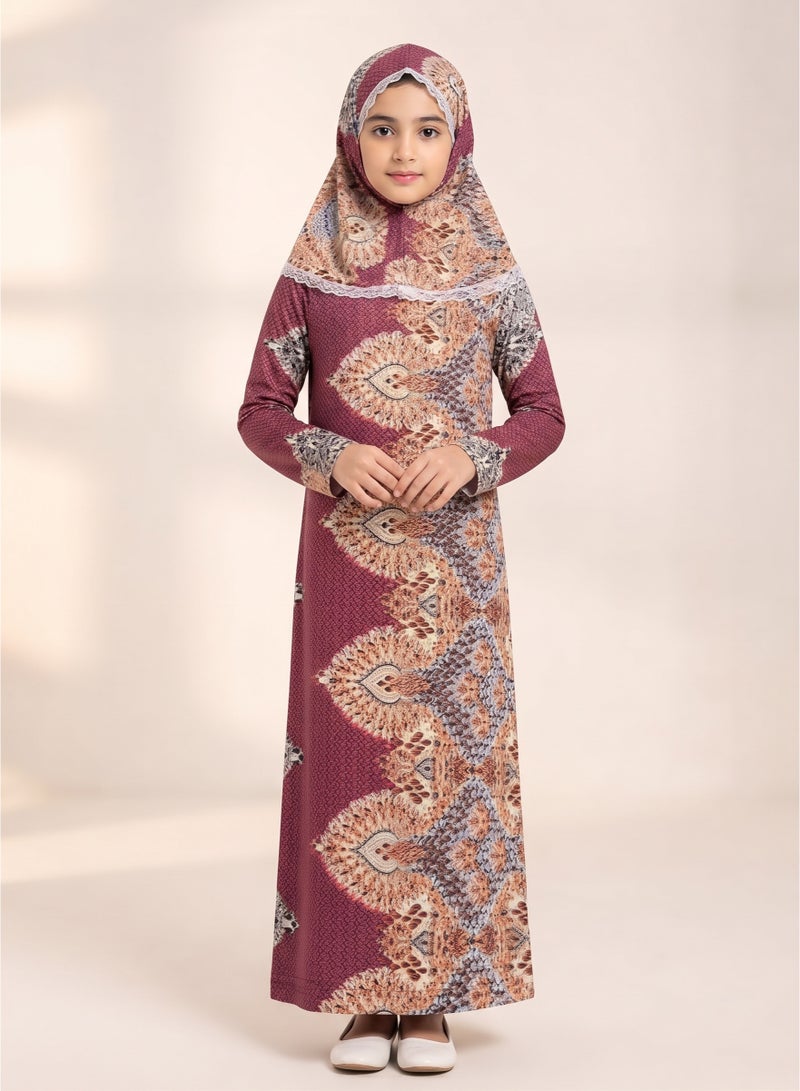 Kids Girls Prayer Esdall / Abaya Size 10 Patterned Burgundy / Dark Purple with Matching Sleeves and Hood - Islamic Prayer Dress - Image 2