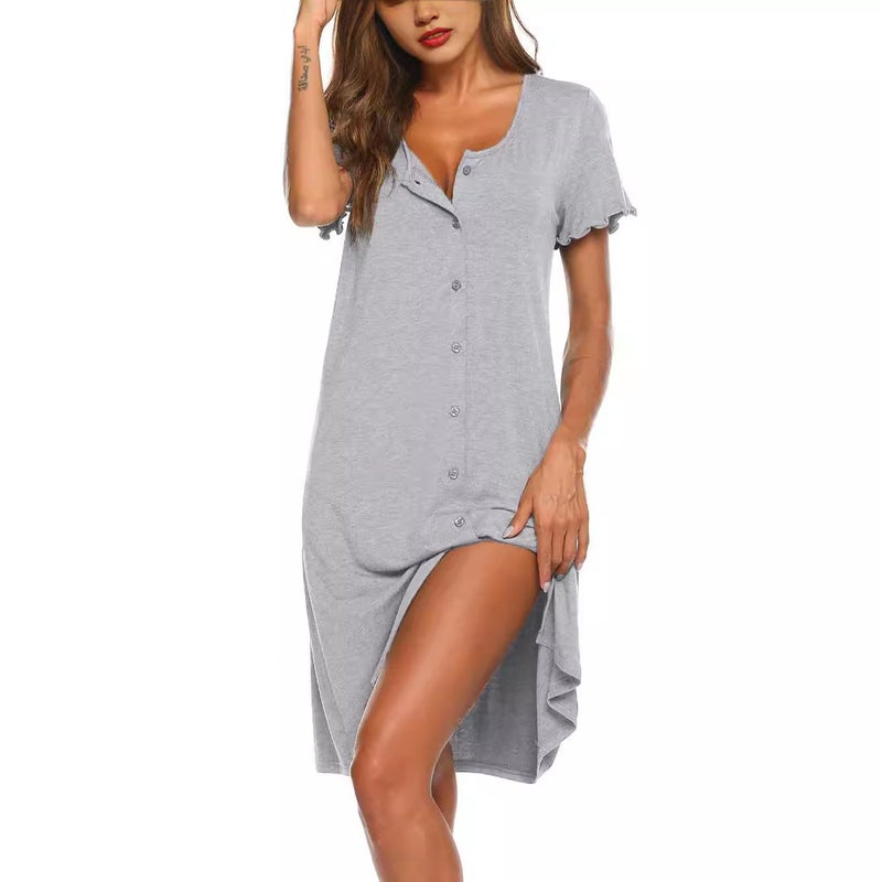 2024 Simple Comfortable Solid Color Women's Short Sleeve Button Midi Dress Sleepwear - Image 3