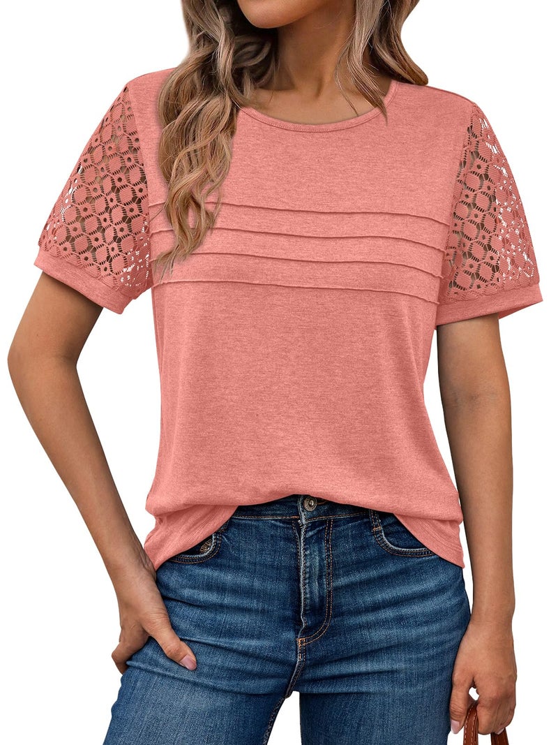 AUTOMET Short Sleeve Shirts for Women Summer Tops 2026 Spring Fashion Dressy Casual Outfits Lace Trendy Top Cute Work T Shirt Business Vacation Clothes Blouses Coral L - Image 1
