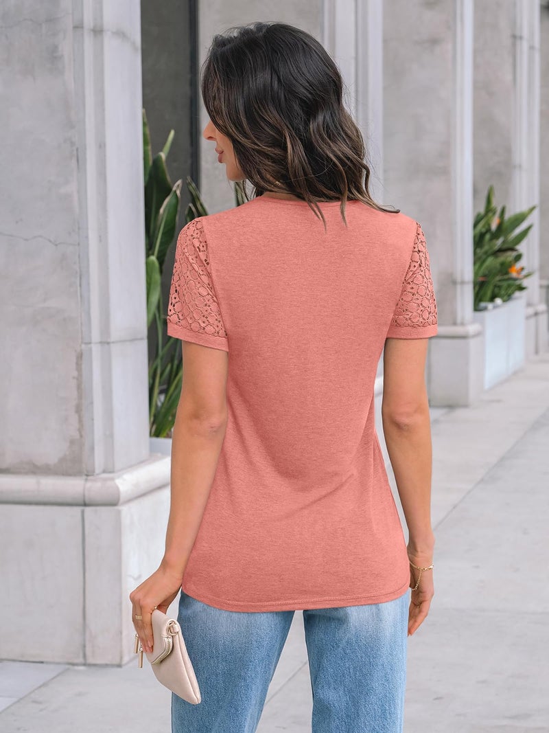 AUTOMET Short Sleeve Shirts for Women Summer Tops 2026 Spring Fashion Dressy Casual Outfits Lace Trendy Top Cute Work T Shirt Business Vacation Clothes Blouses Coral L - Image 4