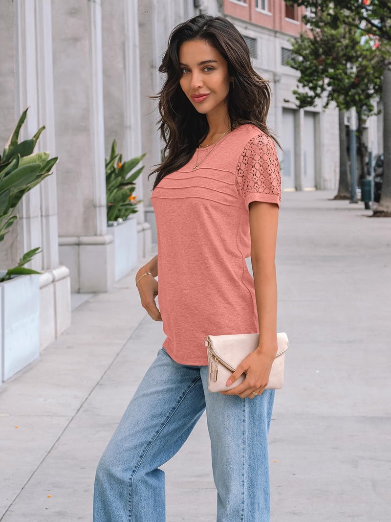 AUTOMET Short Sleeve Shirts for Women Summer Tops 2026 Spring Fashion Dressy Casual Outfits Lace Trendy Top Cute Work T Shirt Business Vacation Clothes Blouses Coral L - Image 3