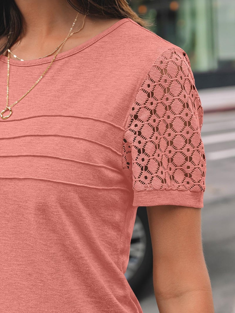 AUTOMET Short Sleeve Shirts for Women Summer Tops 2026 Spring Fashion Dressy Casual Outfits Lace Trendy Top Cute Work T Shirt Business Vacation Clothes Blouses Coral L - Image 5