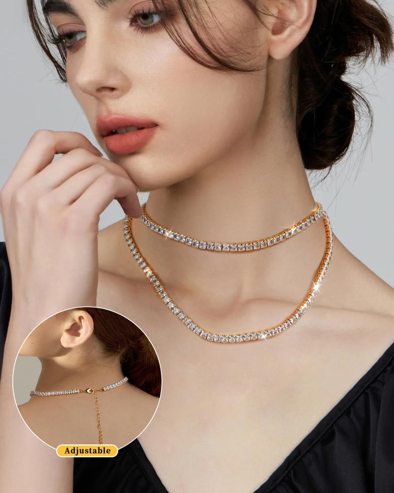 Mesovor Diamond Tennis Necklaces for Women, 18K/White Gold Plated Square Tennis Chain Choker | Bling Cubic Zirconia 3mm 4mm Statement Necklace Jewelry Gifts (Gold-4mm) - Image 5