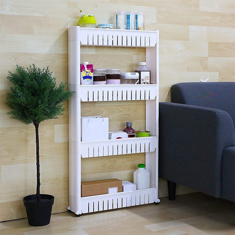 VISHVA 4 Layer Slim Side Space Saving Storage Organizer Rack Shelf with Wheels for Easy Movement Unbreakable Plastic White - Image 1