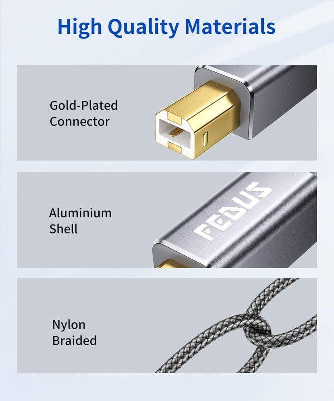 FEDUS 3M USB Printer Cable, Nylon Braided Gold Plated USB A to Male To USB B 2.0 Cable Cord Compatible with Printers, Scanner For Brother Dell, HP, Epson, Canon, Lexmark, Xerox, Samsung, Epson - Image 3