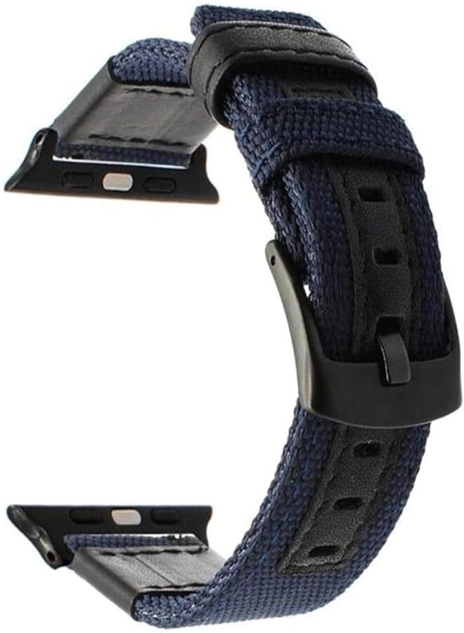 Nylon And Natural Leather Strap With Metal Buckle For Apple IWatch 44- mm Ser 6-Blue