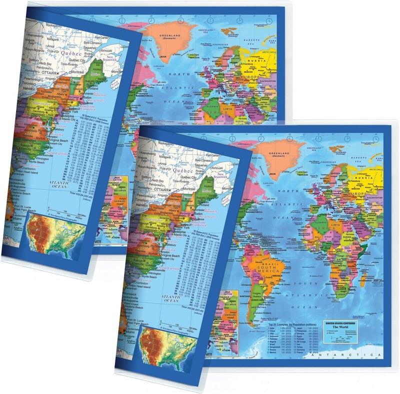 NewSpaceView 2-Sided Desk Map with Durable Lamination (2 Desk Maps: US Map/US Centered World Map) - Image 1