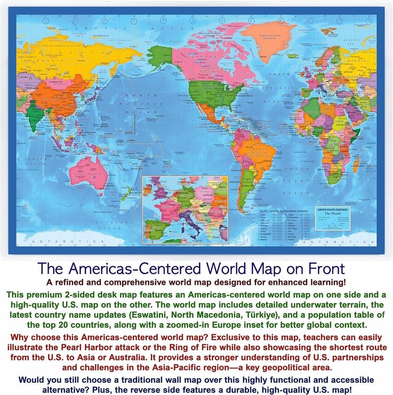 NewSpaceView 2-Sided Desk Map with Durable Lamination (2 Desk Maps: US Map/US Centered World Map) - Image 2