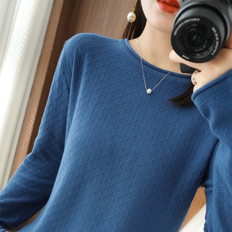 Spring 2023 New Base Shirt Simple Solid Color Diamond Pattern Round Neck Roll Edge Loose Slimming Cotton Knitted Sweater - Image 1
