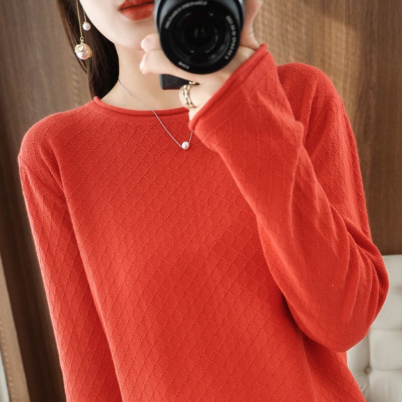 Spring 2023 New Base Shirt Simple Solid Color Diamond Pattern Round Neck Roll Edge Loose Slimming Cotton Knitted Sweater - Image 5