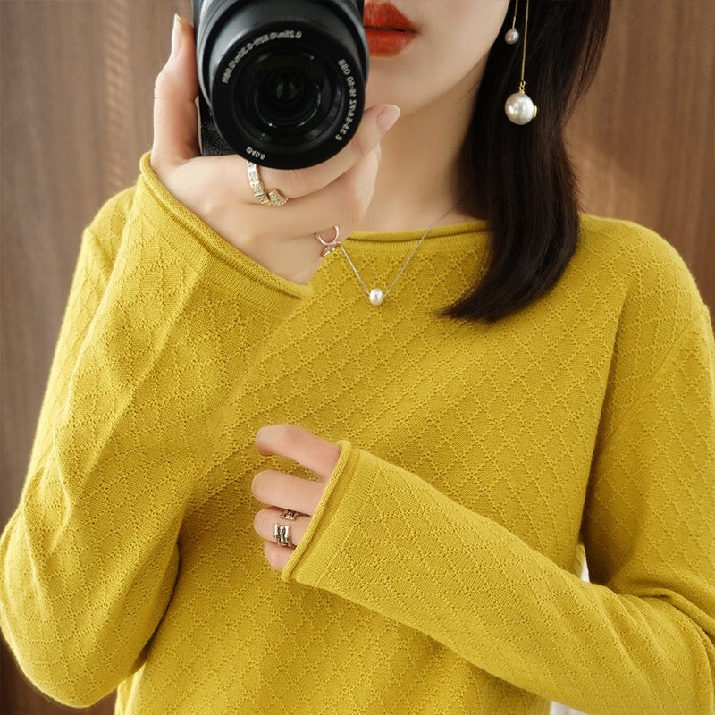 Spring 2023 New Base Shirt Simple Solid Color Diamond Pattern Round Neck Roll Edge Loose Slimming Cotton Knitted Sweater - Image 3