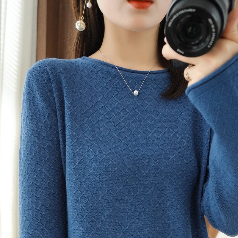 Spring 2023 New Base Shirt Simple Solid Color Diamond Pattern Round Neck Roll Edge Loose Slimming Cotton Knitted Sweater - Image 4