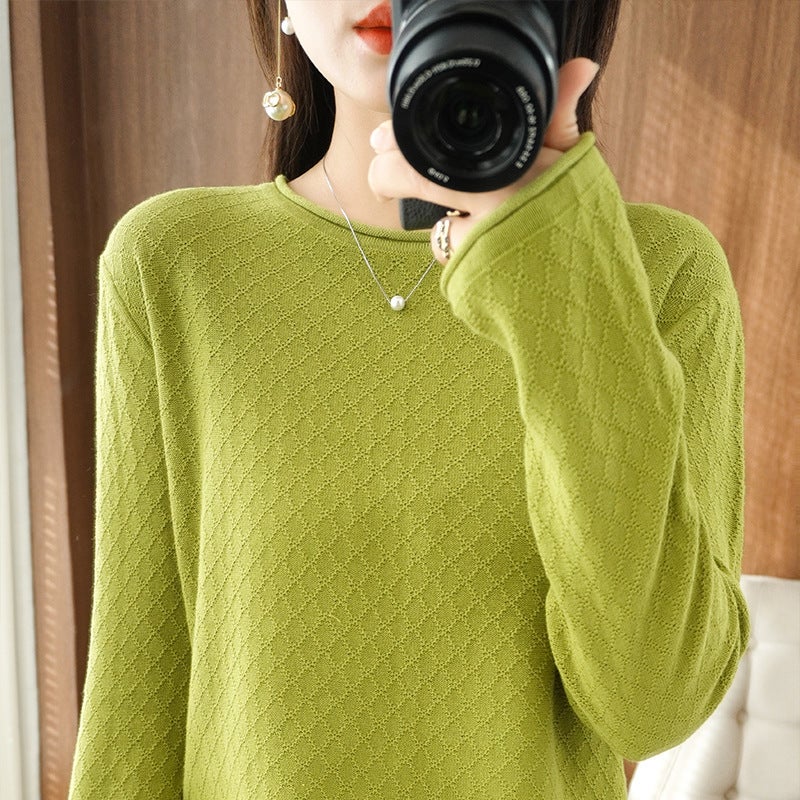 Spring 2023 New Base Shirt Simple Solid Color Diamond Pattern Round Neck Roll Edge Loose Slimming Cotton Knitted Sweater - Image 2