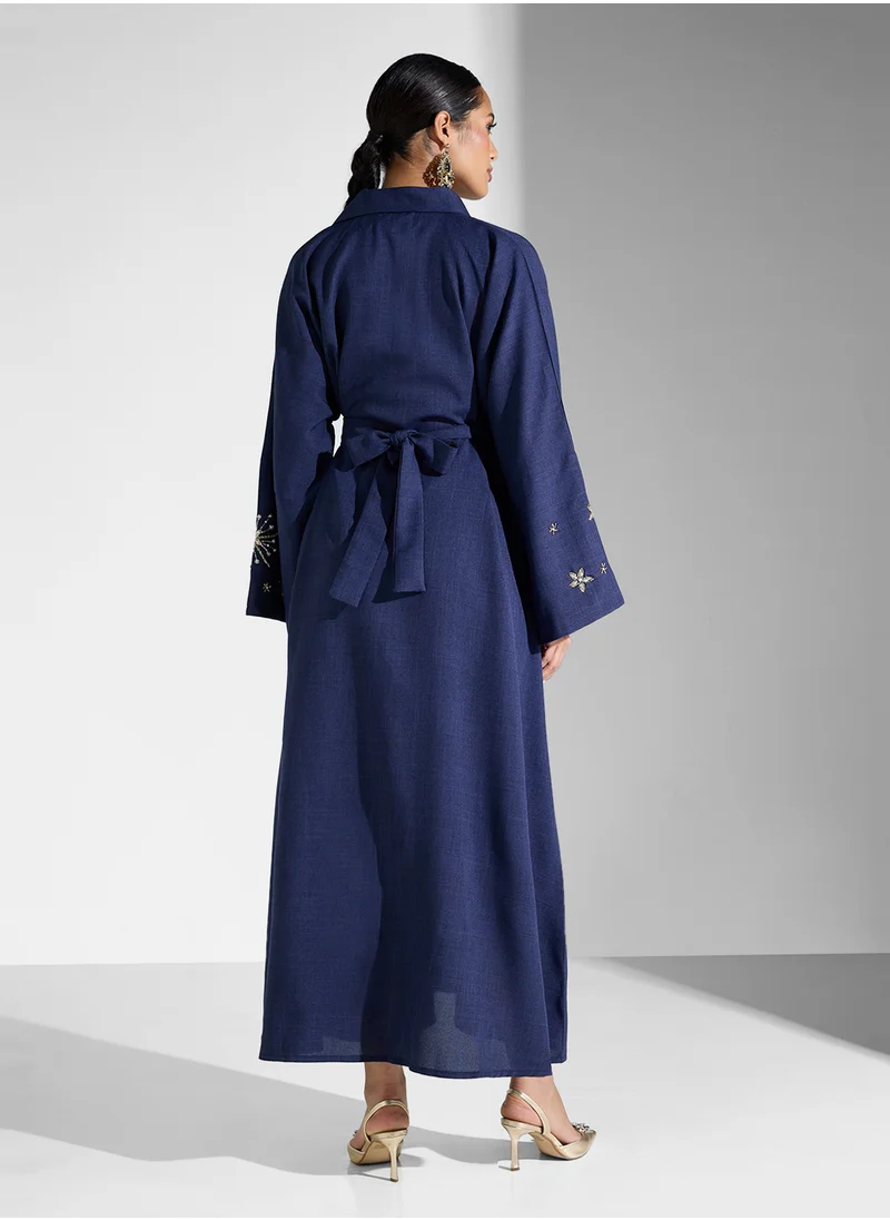 hayas closet Straight Sleeve Embellished Belted Dress