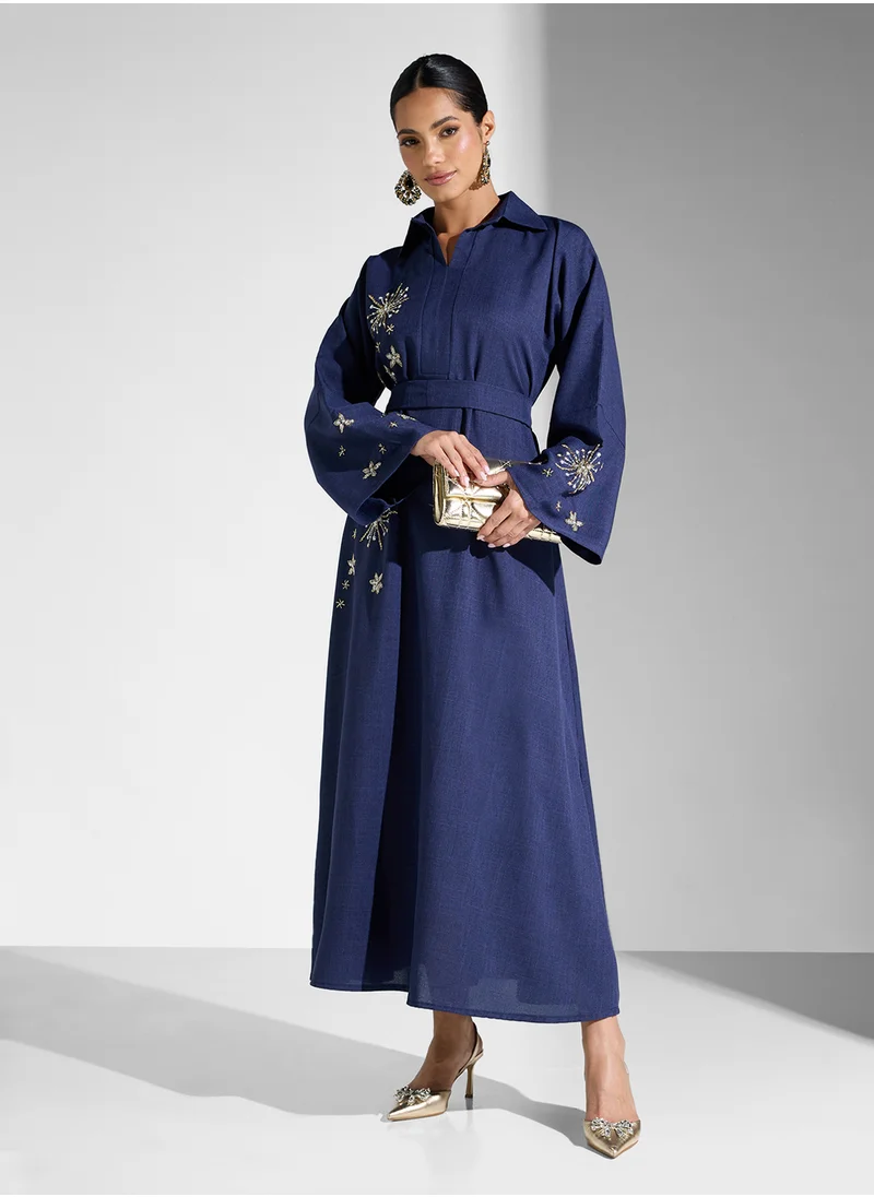 hayas closet Straight Sleeve Embellished Belted Dress
