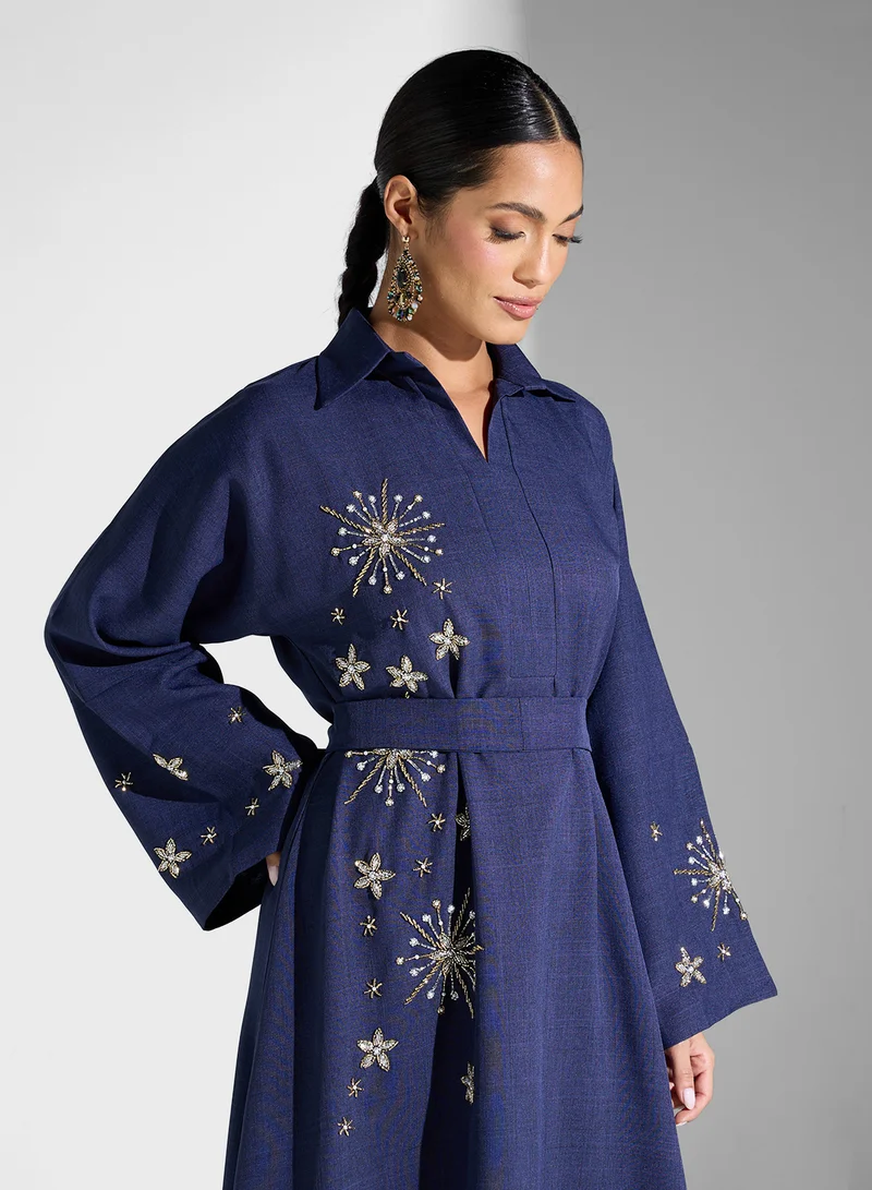 hayas closet Straight Sleeve Embellished Belted Dress