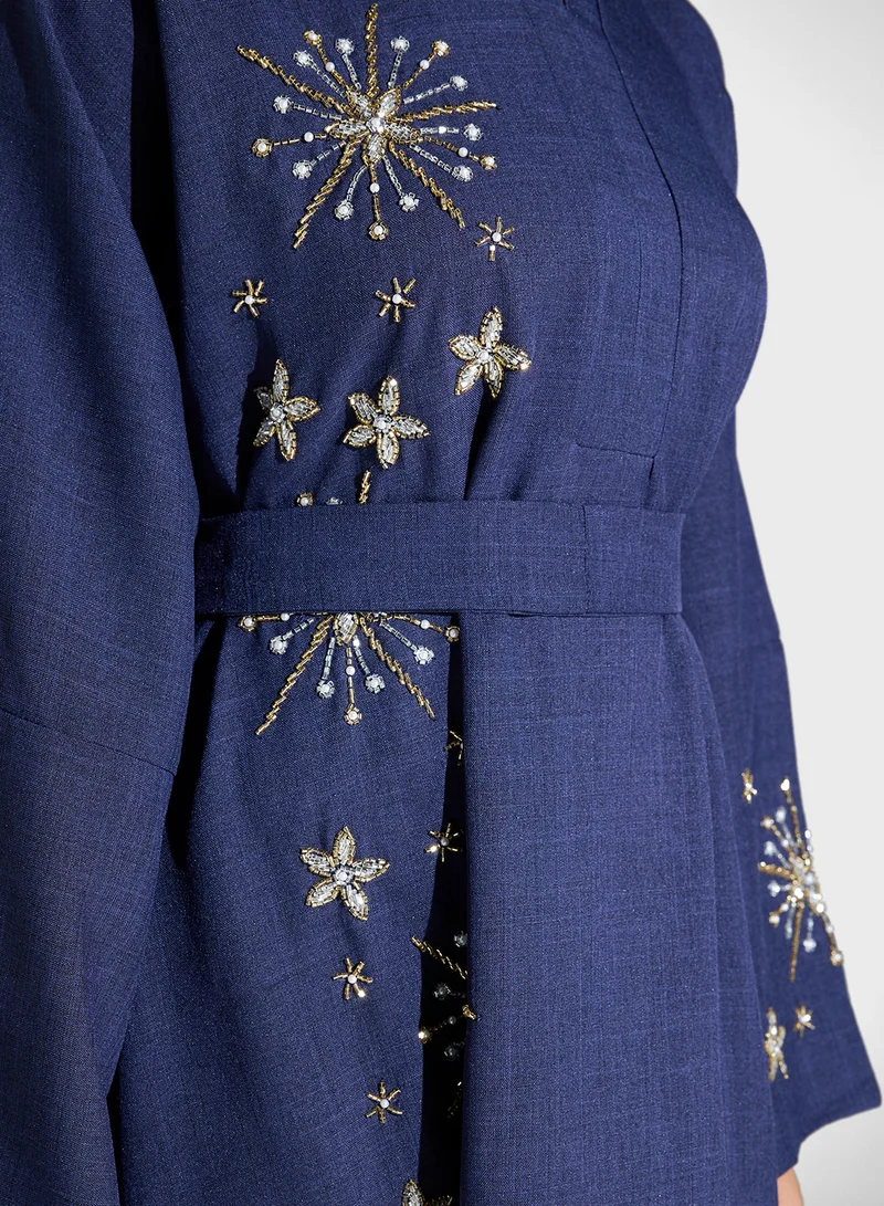 hayas closet Straight Sleeve Embellished Belted Dress