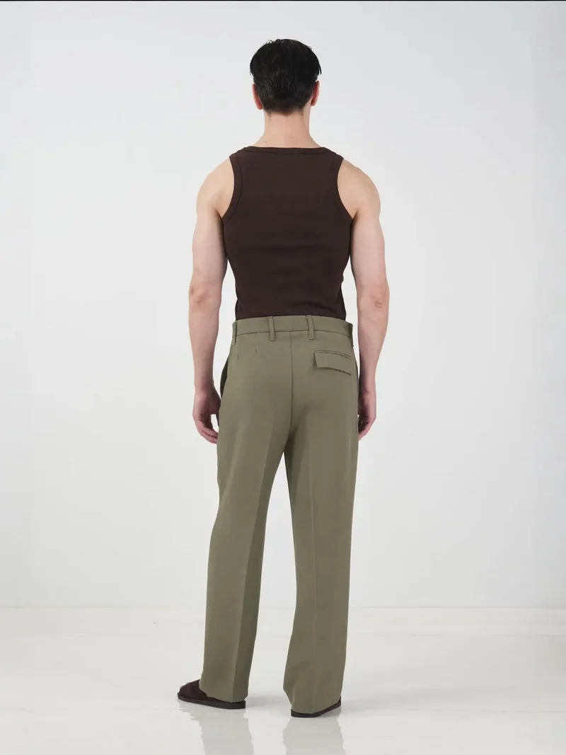Giesto Khaki Green GIESTO Tailored Mid Waist Straight Leg Pants for Men | Best Price UAE