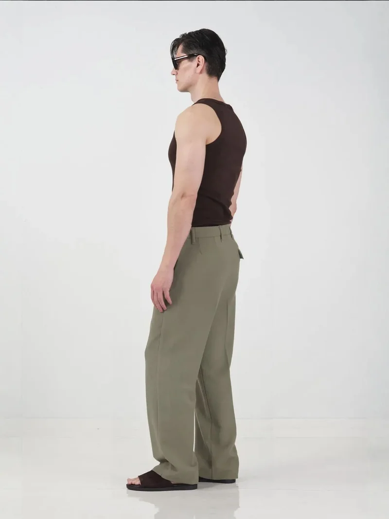 Giesto Khaki Green GIESTO Tailored Mid Waist Straight Leg Pants for Men | Best Price UAE