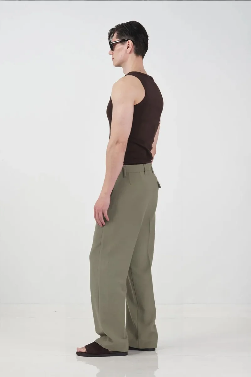 Giesto Khaki Green GIESTO Tailored Mid Waist Straight Leg Pants for Men | Best Price UAE