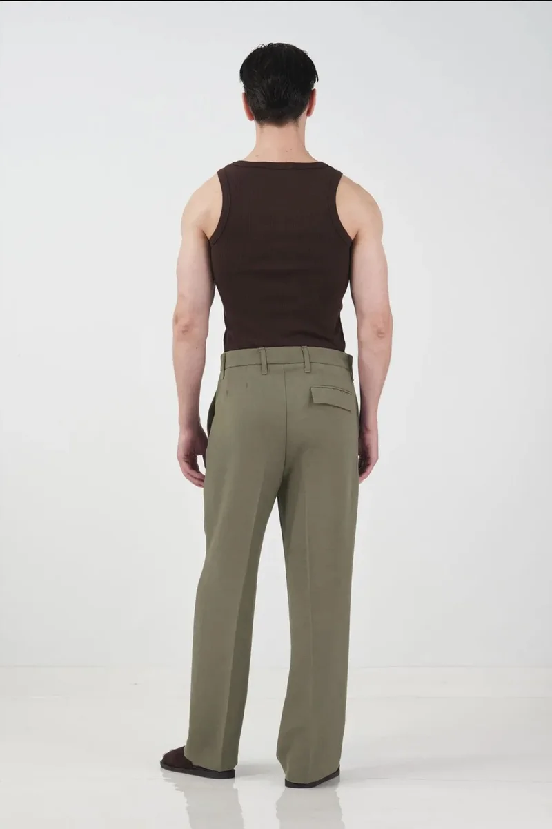 Giesto Khaki Green GIESTO Tailored Mid Waist Straight Leg Pants for Men | Best Price UAE