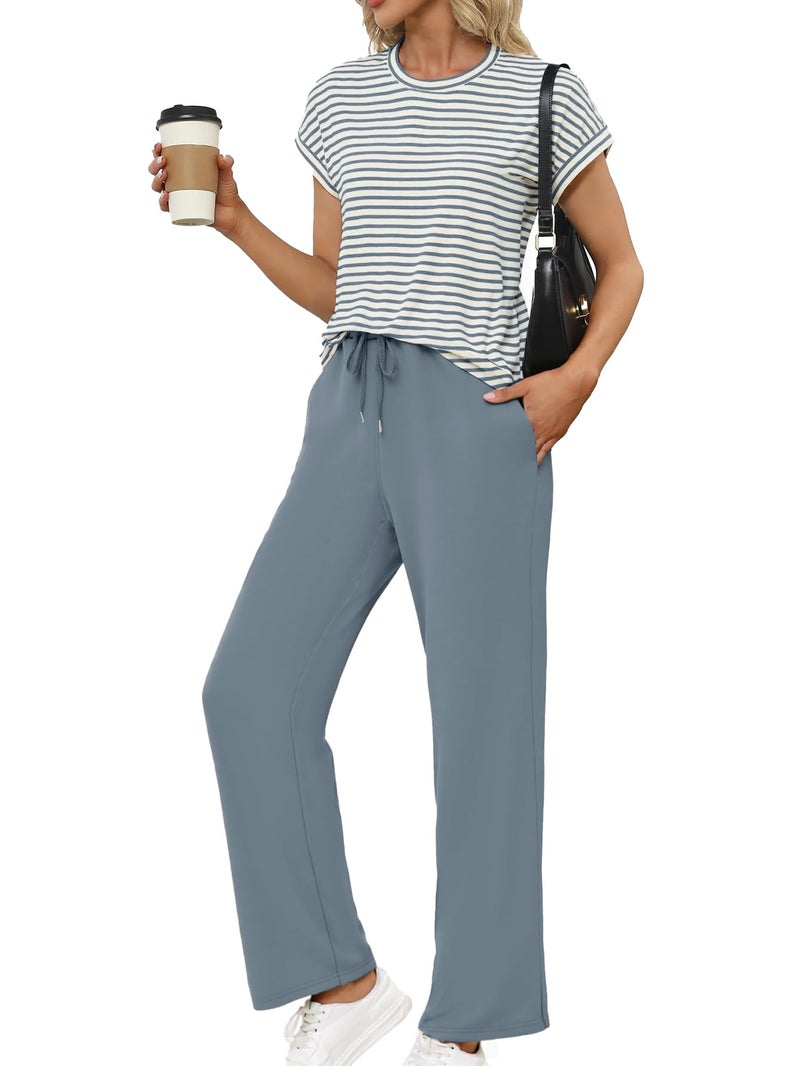 Glamaker 2 Piece Sets for Women Summer Going Out Crewneck Casual Tops Wide Leg Pants Matching Sets Sweatsuit Tracksuits Grey blue M - Image 1