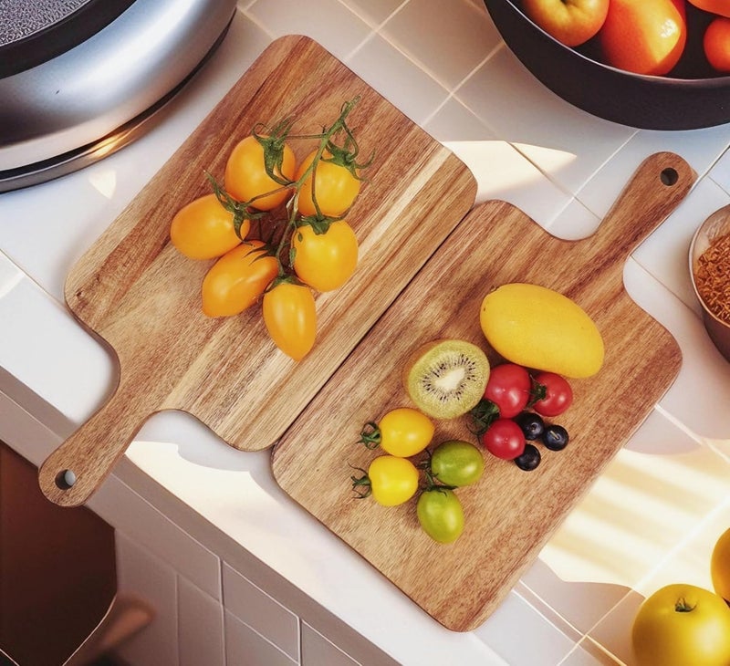 Zeqi 2 Pack Small Acacia Wood Cutting Board with Handle 13.7''X7'', Chopping Board, Charcuterie Board, Serving Board for Cheese, Bread, Meat, Vegetables & Fruits (2 Pack Rectangular) - Image 3