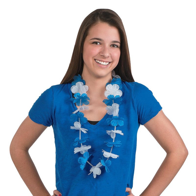 Fun Express Blue and White Hawaiian Flower Leis - Set of 12 - Luau  Party and School Spirit Supplies - Image 2