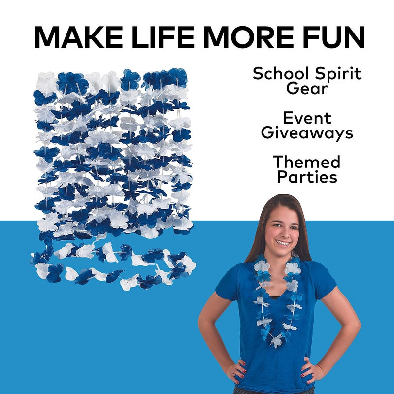 Fun Express Blue and White Hawaiian Flower Leis - Set of 12 - Luau  Party and School Spirit Supplies - Image 4
