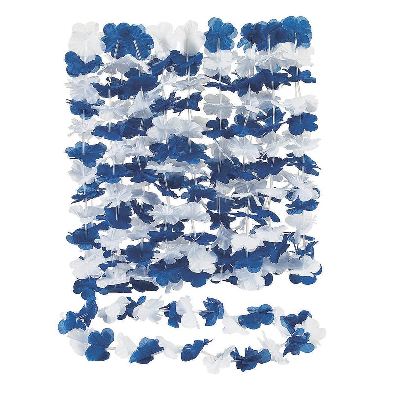 Fun Express Blue and White Hawaiian Flower Leis - Set of 12 - Luau  Party and School Spirit Supplies - Image 1