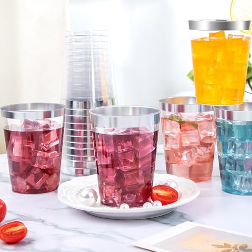 DaYammi 200 Pack Silver Plastic Cups 10 Oz Clear Plastic Cups Silver Rimmed Disposable Wine Glasses Heavy Duty Disposable Tumblers Drinking Cocktail Glasses for Party Wedding - Image 4