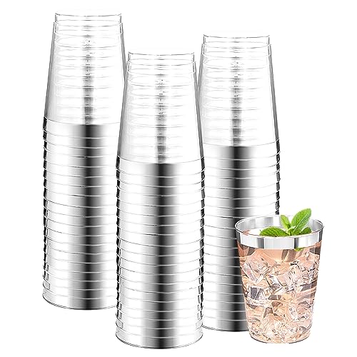 DaYammi 200 Pack Silver Plastic Cups 10 Oz Clear Plastic Cups Silver Rimmed Disposable Wine Glasses Heavy Duty Disposable Tumblers Drinking Cocktail Glasses for Party Wedding - Image 1