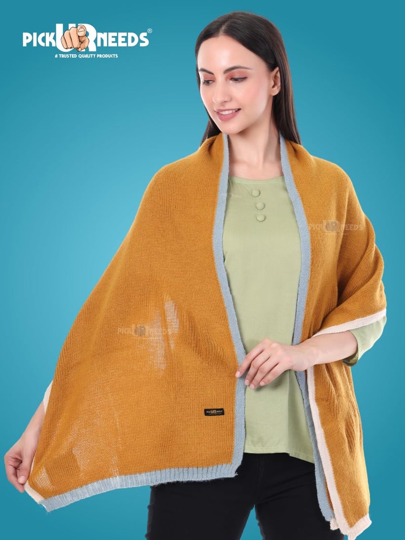 Pick Ur Needs Women's Knit Shawl Wrap with Border | Soft, Warm & Lightweight Winter Stole | Elegant Tan Bordered Scarf for Girls (Orange) - Image 3