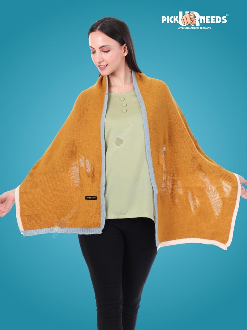 Pick Ur Needs Women's Knit Shawl Wrap with Border | Soft, Warm & Lightweight Winter Stole | Elegant Tan Bordered Scarf for Girls (Orange) - Image 2