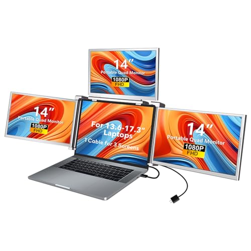 Karlak 14 inches Lap Expansion Screen 1080P FHD Portable Quad-Screen Monitor able & Rotatable Design Driver Quick Installation with 1 Cable for 3 Displays for Windows, MacOS for 13.6-17.3 inch Lap - Image 1