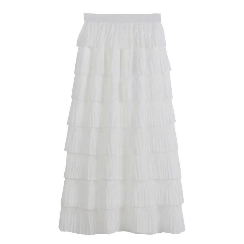 Large size womens dress 2023 new summer skirt fat mm200 kg chiffon skirt layer cake skirt long Skirt White [no coat] 80cm long lined