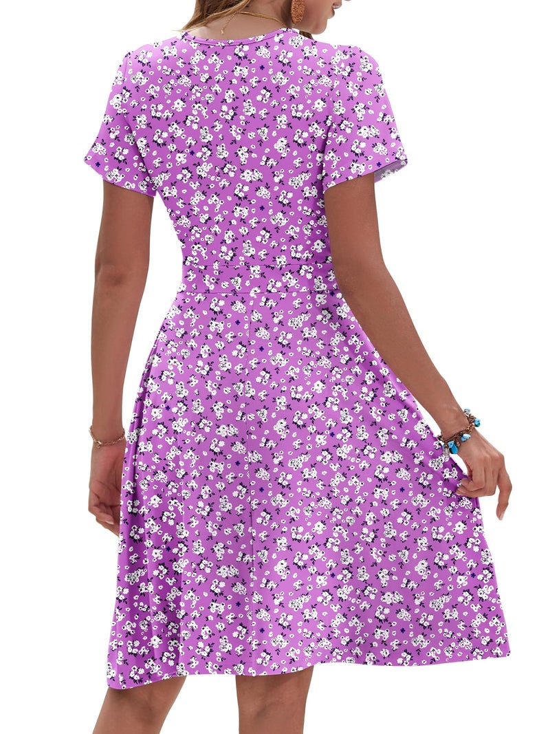 AUSELILY Purple Dress for Woman Floral Knee Length Short Sleeve Wrap V Neck Wedding Guest Dress, Purple Flower L - Image 4