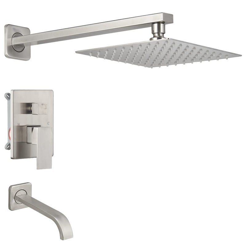 Heable Brushed Nickel Shower Faucet Set with Tub Spout Bathroom Luxury Rain Mixer Shower Head System Wall Mounted Shower Faucet Complete Single Handle Tub and Shower Trim Kit with Roughin Valve