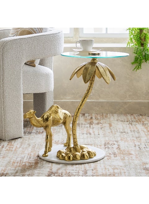 Camel Glass Top And Genuine Marble Top Side Table