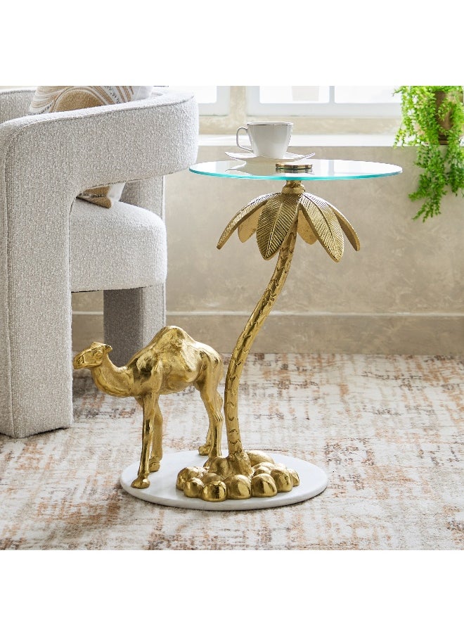 Home Box Camel Glass Top And Genuine Marble Top Side Table  - Image 1