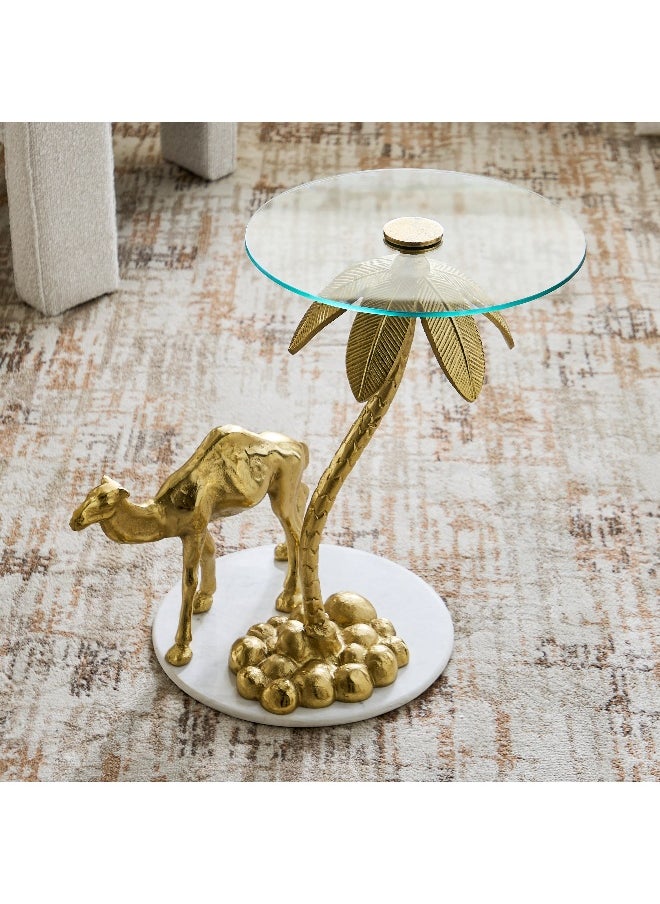 Home Box Camel Glass Top And Genuine Marble Top Side Table  - Image 2