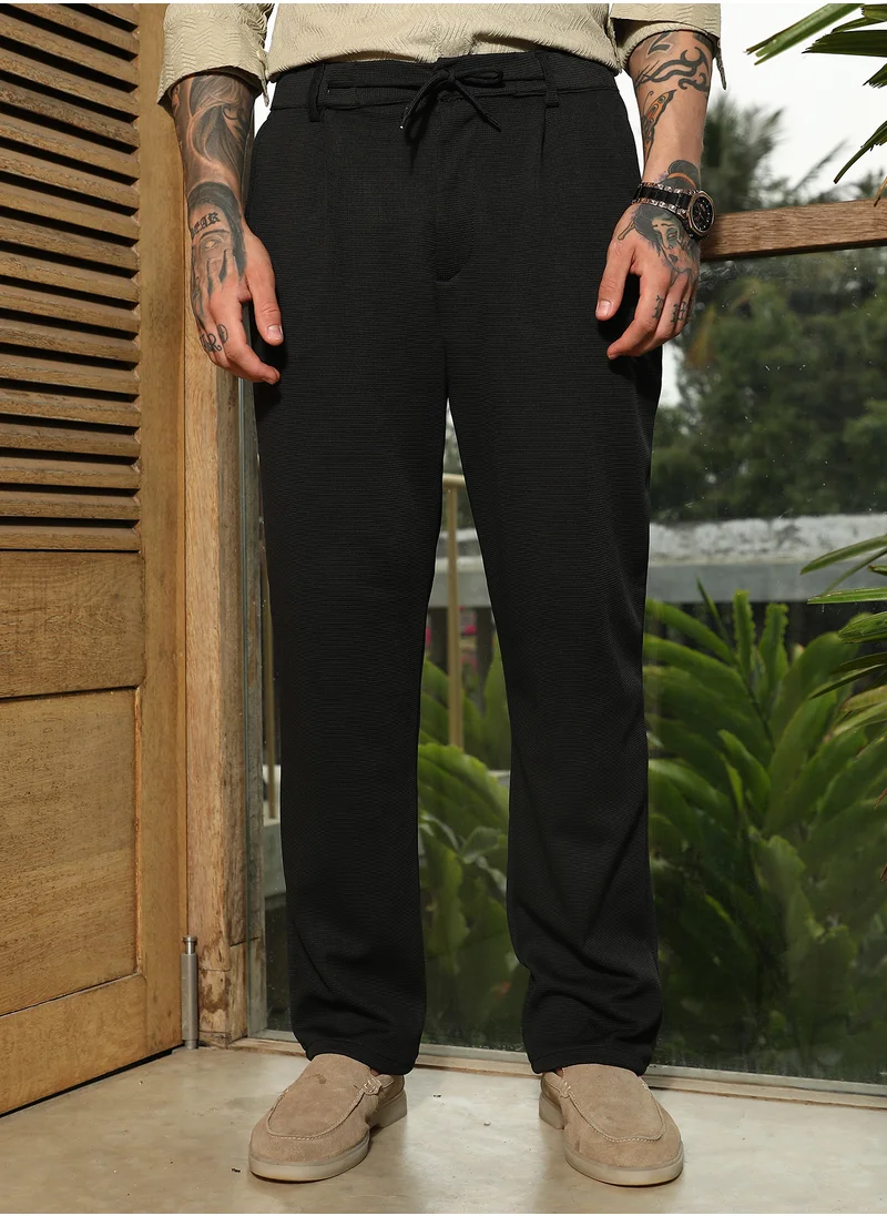 Campus Sutra Men's Onyx Black Micro-Waffle Straight Trousers For Casual Wear | Mid-Rise | Straight Fit | Drawstring Closure | Trousers Crafted With Comfort Fit For Everyday Wear