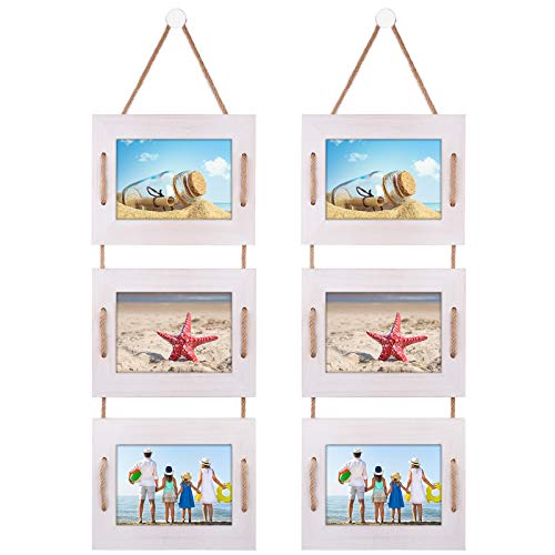 DLQuarts 5x7 Hanging Picture Frames Collage Wall Decor, 3-Frame Set, 3.5x5 with Mat or 5x7 Without Mat, Rustic Solid Wood Photo Frame Pack of 2 Vintage White - Image 1