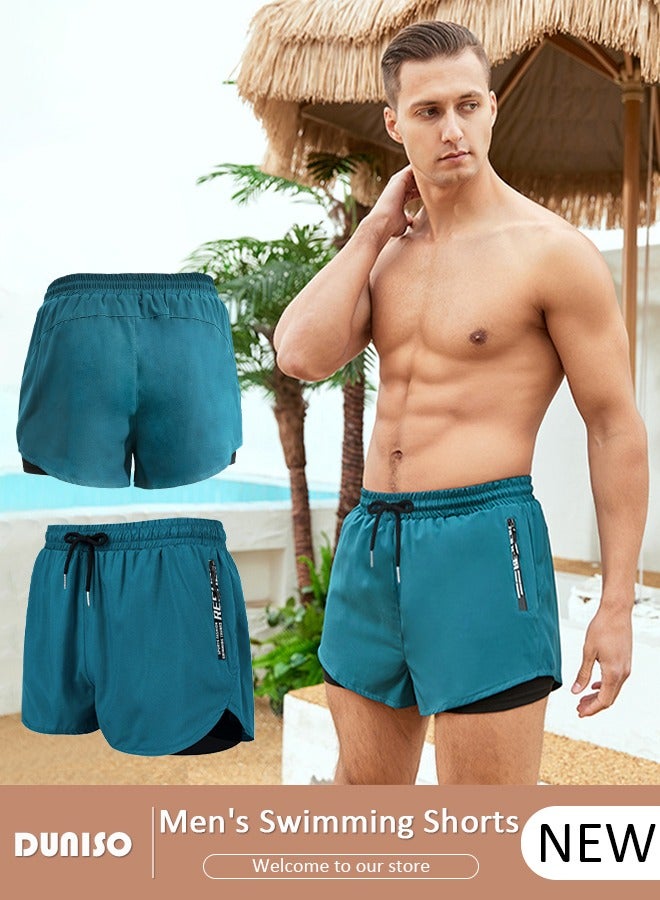 DUNISO Men's Swimming Shorts with Compression Liner Mens Swimming Trunks 2 in 1 Swim Shorts with Zipper Pockets Quick Dry Surfing Stretchy Beach Shorts - Image 1