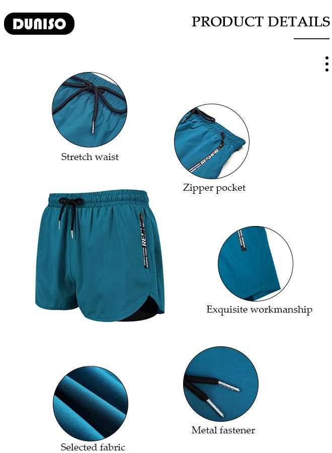 DUNISO Men's Swimming Shorts with Compression Liner Mens Swimming Trunks 2 in 1 Swim Shorts with Zipper Pockets Quick Dry Surfing Stretchy Beach Shorts - Image 2